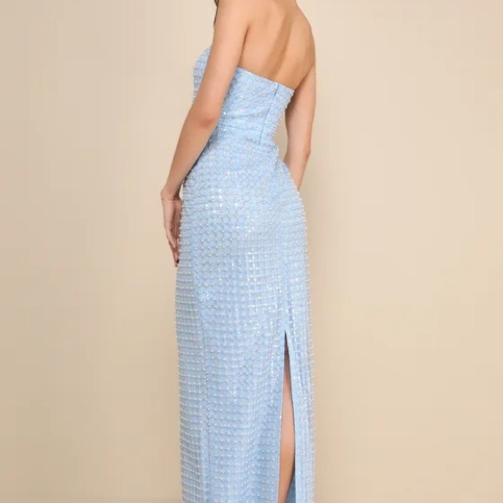Lulus Perfectly Luxurious Light Blue Pearl Strapless Maxi Dress - Picture 2 of 10